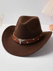 1pc Unisex Polyester Western Cowboy Hat, A Retro-Style Hat Suitable For Both Men And Women, With A Brown Belt And Bull Head Chain, Perfect For Casual Wear And Western Cowboy Parties - Brown Leather Bull Head Round Rivet Hat - View 13