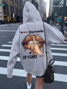 女式连帽羊毛衫，独立咖啡文化棕色唇印，时尚休闲街头服饰，秋冬 - 深花灰 - 查看 4
