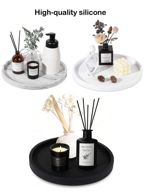 Bandeja redonda de silicone para banheiro, adequada para penteadeira, banheiro, pode armazenar perfume, loção, velas, cosméticos, joias, suporte para saboneteira, suporte decorativo para bancada de mesa de centro