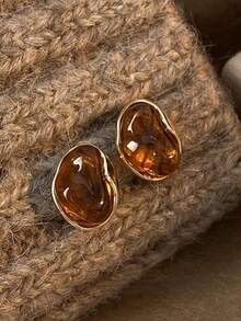 3 Pairs Vintage Amber Asymmetrical Water Drop Geometric Stud Earrings, Minimalist Design, High-End Minimalist Style Earrings Set, Suitable For Women's Daily And Festival Wear, Autumn/Winter - Set a - View 7