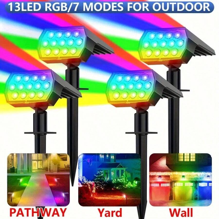 Solar Color Changing Spot Lights Outdoor, Waterproof Solar Christmas Lights,1500mAh Battery Capacity, 7 Modes Multicolor RGB Landscape Spotlights For Garden Yard Driveway Lawn Patio Pathway Easter Decorations - 黑色 - 查看 1