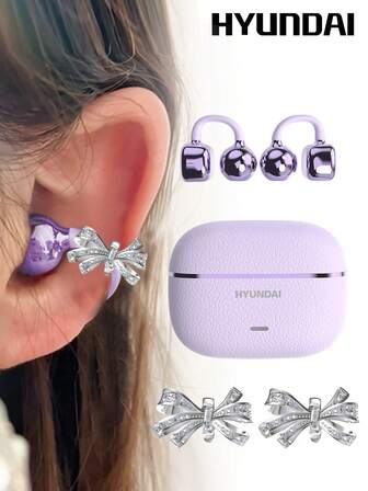 HYUNDAI 现代 HY-C03 时尚蓝牙耳机，带蝴蝶结装饰，开放式设计，电池寿命长，低延迟，环绕声，高品质音乐，游戏，通话，降噪，无线耳塞，女士耳环，时尚配饰，送给她的礼物