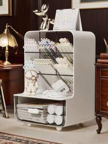 1 pieza Organizador de bolígrafos de escritorio, Caja de almacenamiento de escritorio de oficina con cajón, Soporte de bolígrafos multifunción con 6 compartimentos y 1 cajón, Adecuado para oficina, hogar, escuela