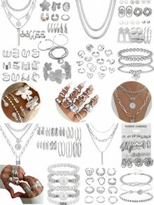 68/58/35pcs Vintage  Elegant And Sophisticated Faux Pearl, Bowknot, Stars, Moon, Rhinestone, Wide Copper Hoop, Snake Bone Chain, Twist Chain, Geometric Wide C-Shape Earrings, Earrings Clip, Necklace, Bracelet Jewelry Set For Holiday, Party, Date