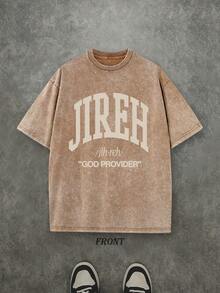 Retro Washed T-Shirt Single-Sided Printed (230 Pure Cotton T-Shirt) 'JIREH GOD PROVIDER'  Letter And Pattern Print, Christian Gift, Mens TShirt, Mens Shirt Casual, Comfortable, Fashionable T-Shirt, Street Style Cotton - Cà phê nâu - Xem 1