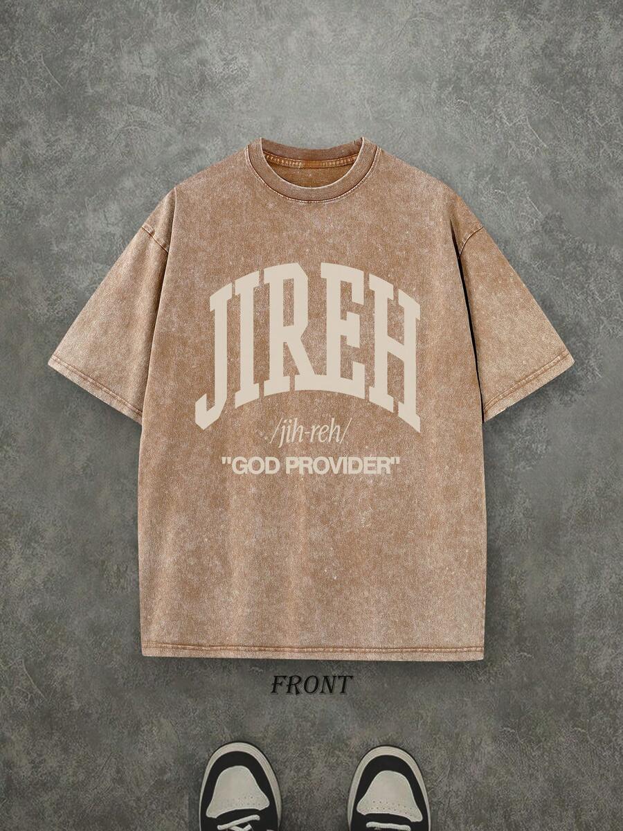 Retro Washed T-Shirt Single-Sided Printed (230 Pure Cotton T-Shirt) 'JIREH GOD PROVIDER'  Letter And Pattern Print, Christian Gift, Mens TShirt, Mens Shirt Casual, Comfortable, Fashionable T-Shirt, Street Style Cotton - Cà phê nâu - Xem 1