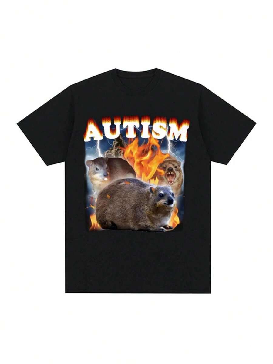 Autism Funny Hyrax Meme Tee Shirt Harajuku Vintage Oversized T-Shirt Unisex Summer O-Neck Tops Short Sleeve T Shirt Men Clothing - 黑色 - 查看 1