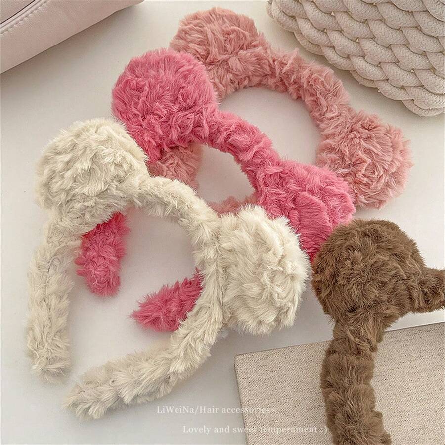 1pc/2pcs Cute Cartoon Bear Ear Plush Headband, Women Wash Face Hair Hoop, 2025 New Winter Hair Accessories, Hair Accessory ,Hairband For Women