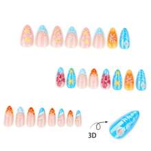 Tropical Flowers Press On Nails Short Almond Fake Nails 3D Colorful Flower False Nails With Bead Pearl Charms Design Glue On Nails Summer Floral Acrylic Nails French Tip Stick On Nails For Women 24Pcs,17114402 - 紫紅色 - 查看 5