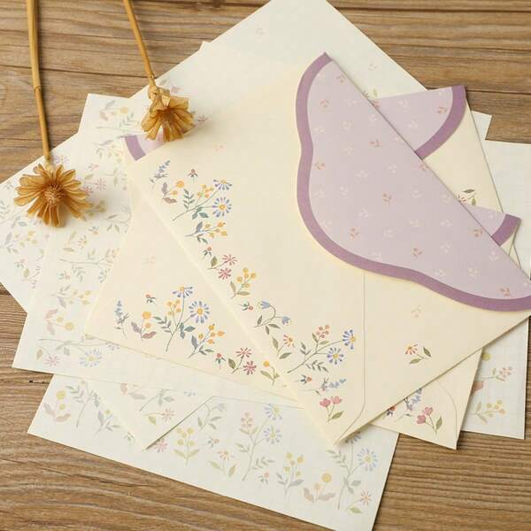Purple Envelope Set: 6 Letter Papers + 3 Envelopes, Floral & Bird Design ThankYou Cards, Greeting Cards, Invitations Cards
