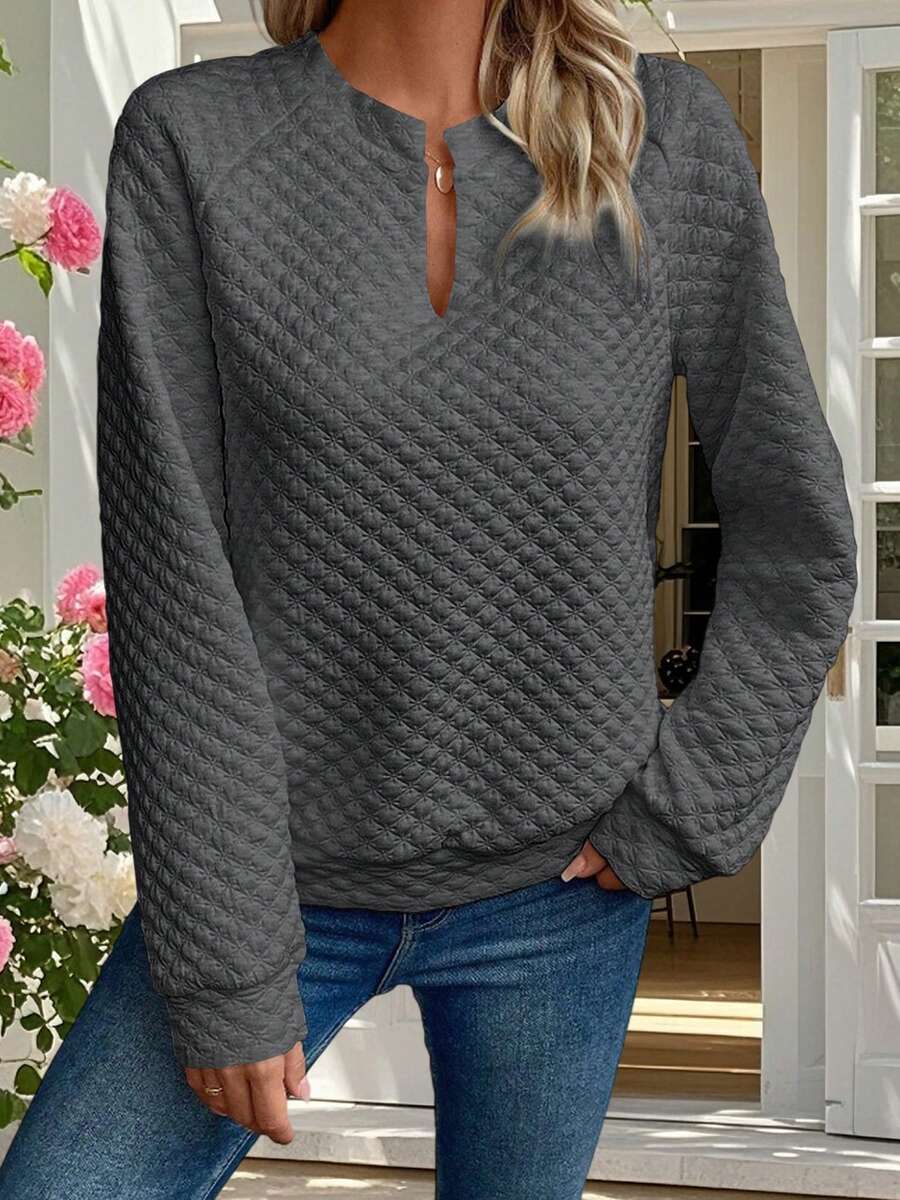 Women's Spring Autumn Loose Sweatshirt Long Sleeve V Neck Simple Pullover - Dark Grey - View 1