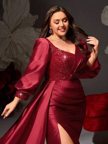 VIPGIRL Plus Size Wine Red Sequin Long Sleeve V-Neck High Slit Evening Gown, Heavy Beaded Formal Maxi Dress For Curvy Women, Slimming Banquet Dress, Luxury Couture Party Gown
