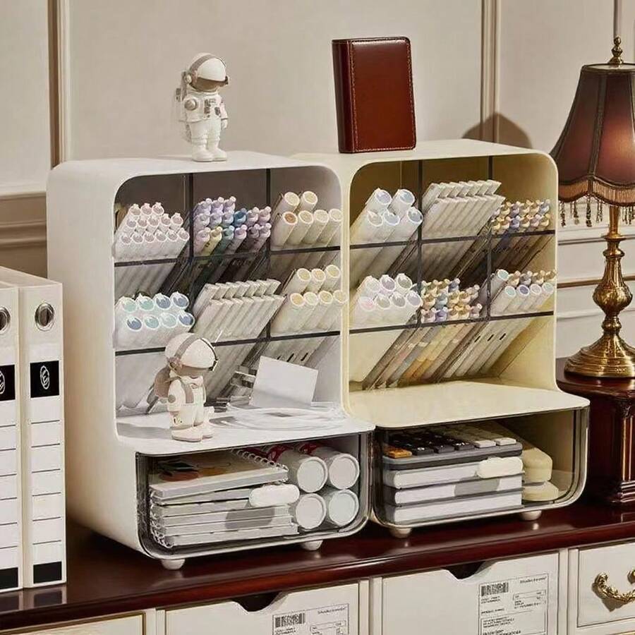 1 pieza Organizador de bolígrafos de escritorio, Caja de almacenamiento de escritorio de oficina con cajón, Soporte de bolígrafos multifunción con 6 compartimentos y 1 cajón, Adecuado para oficina, hogar, escuela