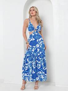Dress With Elastane At The Back, You Can Tie It At The Back With A Print - 藍色 - 查看 2