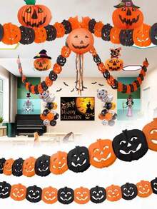 19.68ft Halloween 3D Pumpkin Honeycomb Garland, Skull & Bat Paper Honeycomb Garland Banner, Suitable For Porch Decor And Holiday Party Atmosphere Decoration, Halloween Decor, Party Background Decor Banner, Halloween Party Decor, Holiday Home Decor, Applicable For Corridor Decor And Holiday Atmosphere Enhancement