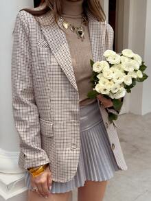 GLOpass Women's H-Shaped New Plaid Double-Layer Long Sleeve Loose Blazer Casual Versatile Jacket, Single-Breasted Design, Elegant Office Commuter Wear, Casual Jacket Top