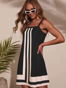 Summer Women's Striped Mini Dress – Square Neck Color Block Short Sundress, Sexy Beach Vacation Outfit, Club Party Casual Dress, Y2K Cute Fashion Outfit - 黑白 - 查看 4