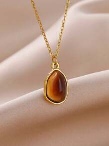 1pc Women's Stainless Steel Asymmetrical Purple Natural Stone Pendant Necklace, Fashion Accessory For Daily Wear