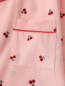 طقم بيجامة مطبوع بالكرز 2 قطعة، ملابس علوية بياقة وأزرار طويل الأكمام وبنطلون، ملابس نوم وملابس منزلية للنساء، مناسبة للخريف/الشتاء