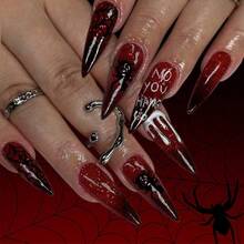 Long Almond Nails Halloween Press On Nails Extra Long Fake Nails Dark Red Press Ons Glossy False Nails Cover Stick On Nails For Women Halloween Nail 24Pcs,17114485 - 綠色 - 查看 1