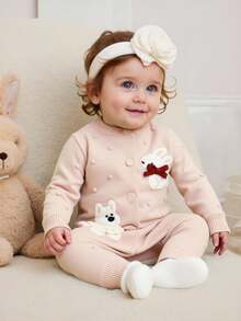 女婴休闲优雅连体裤，带有狗和熊图案，舒适的针织连体裤，适合婴儿日常穿着、外出和旅行，春秋季 - 珊瑚粉 - 查看 6