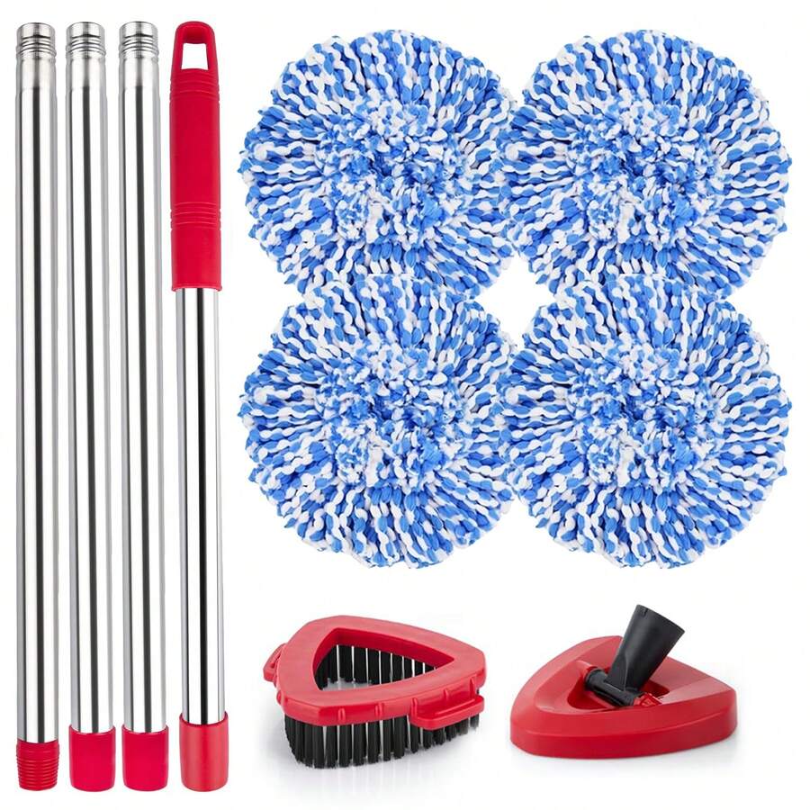 Spin Mop Replacement Head For O Cedar 2 Tank RinseClean, 4 Microfiber Heads, 1 Scrub Brush, 1 Handle, 1 Base, Spin Microfiber Refill With 30" To 58" Mop Replacement Handle - 藍白色 - 查看 1