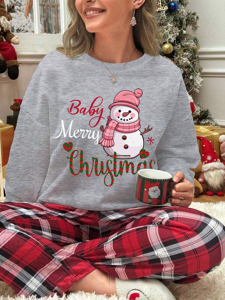 1件装女士休闲简约圣诞印花加厚圆领卫衣，温暖标语和雪人印花，蓬松舒适上衣 - 淺灰色 - 查看 1