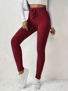 Women's High-Rise Slim Fit Ribbed Knit Pants - Elastic Elastic Band Faux Cord Detail, Solid Color, All-Season Machine Washable, Casual Home & Dressy, High-Rise Pants, Versatile & Elegant Fabric - Đỏ - Xem 5