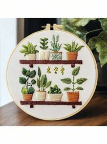 1pc Embroidery Kit, 20x20cm/7.9x7.9-Inch Bookshelf Plants, Handmade DIY Embroidery Kit, Suitable For Adults And Beginners, Includes Instructions, Printed Fabric, Embroidery Stretching, And Needlework
