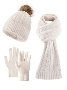 3pcs Women Fashion Solid & Striped Knitted Jacquard Beanie, Scarf And Gloves Set, Warm And Soft For Autumn/Winter Outdoor, Casual, Travel Fall Valentines Gift - Multicolor - View 4