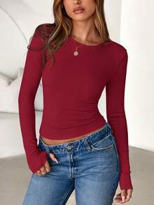 Women Spring And Fall Long Sleeve Shirts Ribbed Crewneck Fitted Basic Tee Going Out Tops Casual Workout Vacation Outfits - 紅色 - 查看 5
