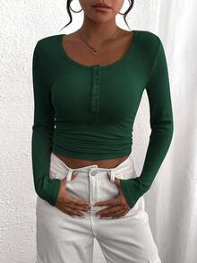 Women's Autumn Long-Sleeved Henry Shirt T-Shirt Button Ribbed Knit Fashion Tight Basic Top Shirt - Màu xanh lá cây đậm - Xem 3