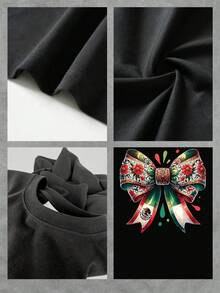 Elegante camiseta de mujer con estampado de lazo floral vibrante, camiseta informal de manga corta con cuello redondo, top de verano elegante y cómodo para mujer, perfecto para uso diario, diseño gráfico de moda. - Negro - Ver 4