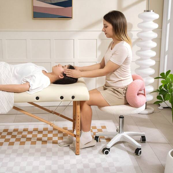 HOMCOM HOMCOM Sgabello per Parrucchiere ad Altezza Regolabile con Rotelle Girevoli e Schienale ad Arco, Sgabello Moderno in Tessuto Teddy, 50x50x63-77 cm, Bianco e Rosa