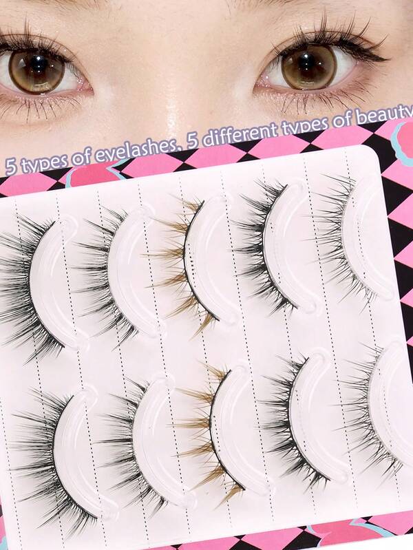 5 paia di ciglia finte naturali da manga anime, colore marrone misto, confortevoli, ciglia finte 3D in stile coreano giapponese asiatico morbide e soffici, ciglia finte per cosplay adatte per uso quotidiano e per ogni occasione