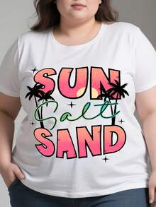 Sun Salt Sand Graphic T-Shirt - Tropical Beach Design With Palm Trees & Sunset, 100% Cotton Unisex Casual Tee For Men & Women, Soft Breathable Short Sleeve Shirt For Poolside, Vacation, Summer Outfits, Beach Clothes, Poolside Attire, Comfortable Fit - 白色 - 查看 1