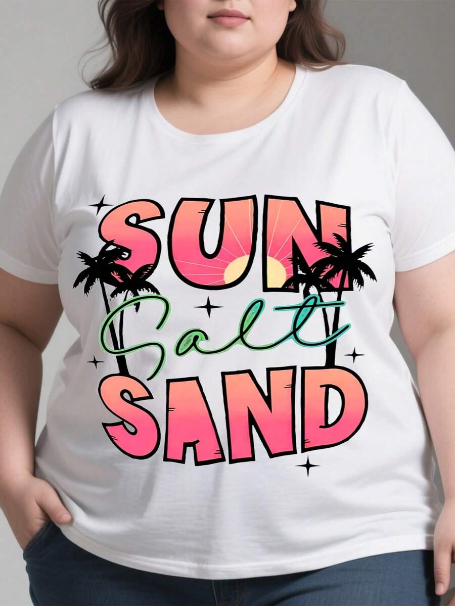 Sun Salt Sand Graphic T-Shirt - Tropical Beach Design With Palm Trees & Sunset, 100% Cotton Unisex Casual Tee For Men & Women, Soft Breathable Short Sleeve Shirt For Poolside, Vacation, Summer Outfits, Beach Clothes, Poolside Attire, Comfortable Fit - 白色 - 查看 1