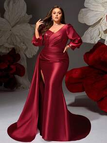 VIPGIRL Plus Size Wine Red Sequin Long Sleeve V-Neck High Slit Evening Gown, Heavy Beaded Formal Maxi Dress For Curvy Women, Slimming Banquet Dress, Luxury Couture Party Gown