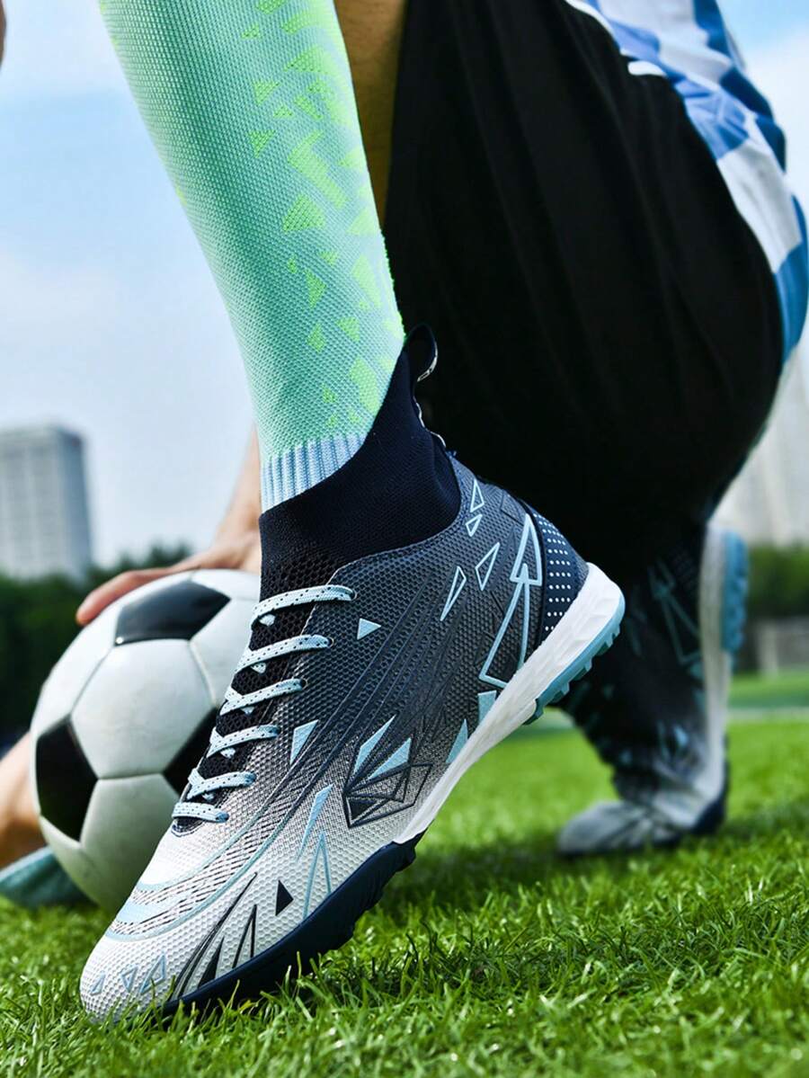 Fashionable Couples' Blue Studded High-Top Soccer Shoes, Sports Sneakers