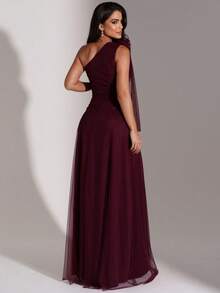 LONG WEDDING PARTY DRESS FOR GODMOTHER IN TULLE WITH FLOWER ON THE SHOULDER - MARSALA - View 2