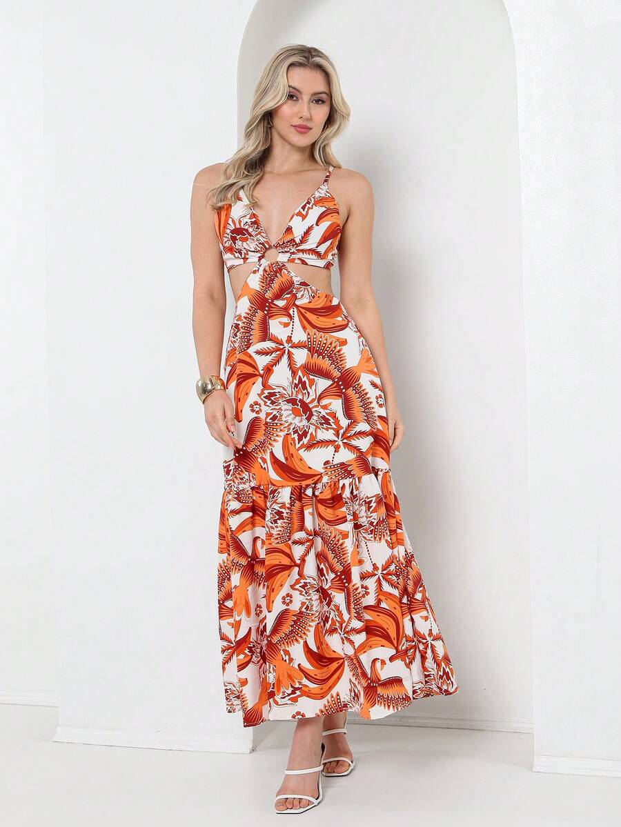 Dress With Elastane At The Back, You Can Tie It At The Back With A Print - Orange - View 1