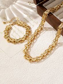 1 Set Punk Style Metal Exaggerated Thick Chain Bracelet And Necklace - Yellow Gold - View 4