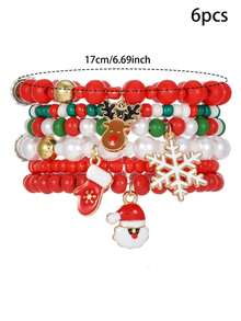 6 Pcs/Set Fashionable Christmas Bracelet, Encrusted With Pearls, Resin, Christmas Tree, Snowflake, And Snowman Pendants, Handmade Beaded Bracelet Set, Suitable For Women's Daily Wear, Holiday Parties, And Gifts.