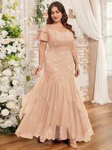 Plus Off Shoulder Ruffle Sleeve Sequin Floral Lace Contrast Mesh Ruffle Hem Evening Party Long Dress, Wedding Guest Dress, Summer Dress, Valentine's Day Dress, Prom Dress, For Birthday, Homecoming, Graduation, Festivals - Champagne - View 6