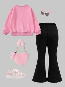 Conjunto de 2 piezas de sudadera rosa holgada con puños y bajo acanalados, cuello redondo, manga larga y estampado de lazo de encaje, emparejada con pantalones negros acampanados de cintura elástica, para niñas en otoño/invierno con estilo vintage y casual