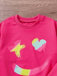 2pcs Girls Casual Knit Crew Neck Long Sleeve Colorful Face Print Sweatshirt + Smile Colorful English Letter Print Long Pants Set, Autumn/Winter