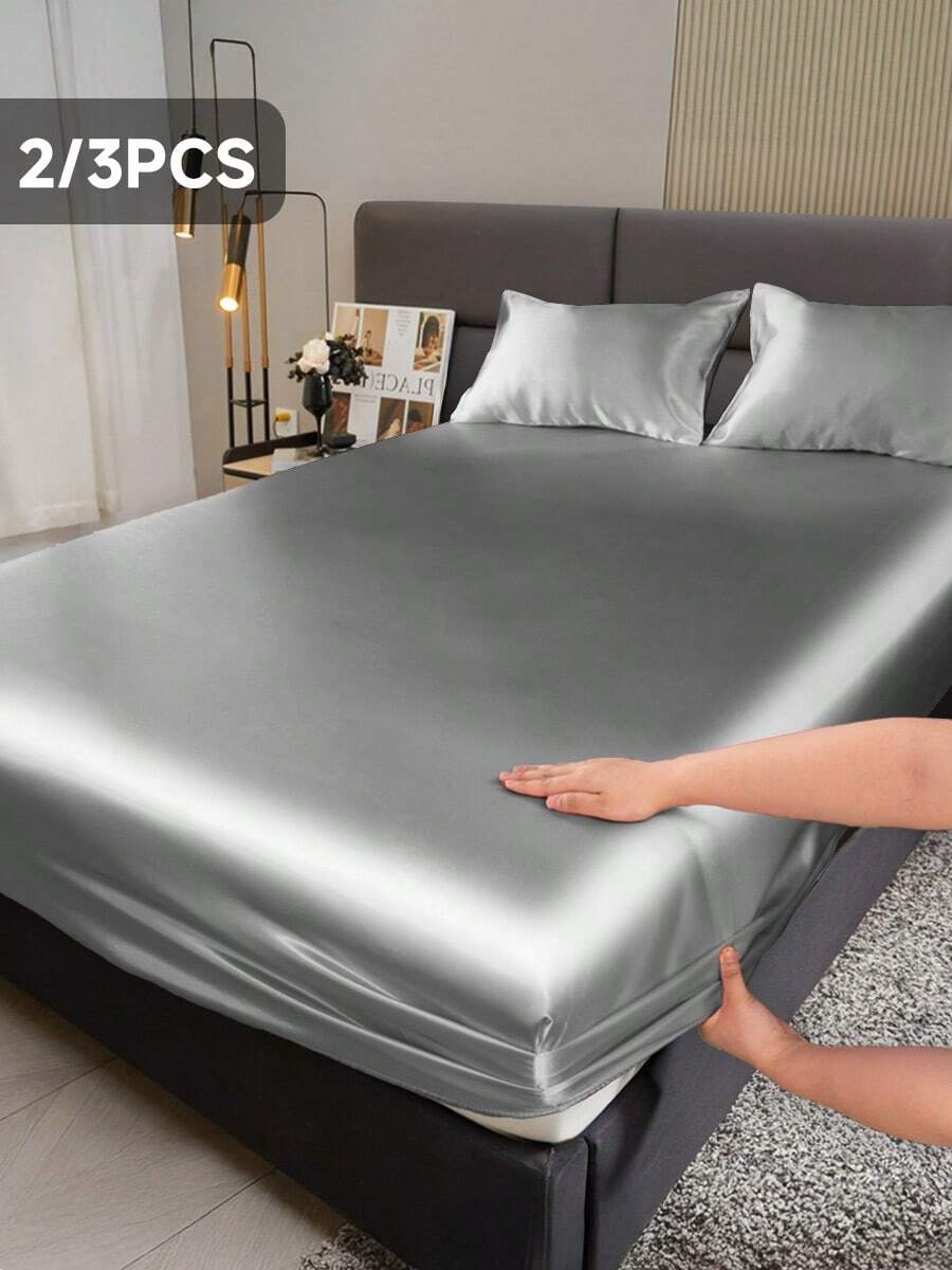 2/3 Pcs Satin Bed Sheets Set, Halloween Decor, Fall Decor, Black Sheet Set, Silk Sheets, Solid Color Bed Sheet Set, Soft And Comfortable Bedding, Skin-Friendly Bed Set, Halloween Gift, Christmas Decoration, Lightweight And Silky Smooth, Room Decor, Mattress Protector For Bedroom, Deep Pocket, Dustproof, For All Season, Fits  For Twin Full Queen And King Sizes, 1pc Fitted Sheet And 1/2pcs Pillowcase, Machine Washable - 灰色 - 查看 1