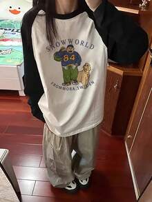 女式宽松休闲百搭卡通人物和狗狗印花撞色插肩袖T恤 - 白色 - 查看 3