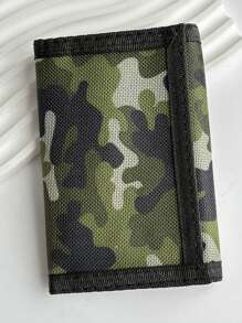 Pared plegable de 3 piezas, estampado de dibujos animados y Camlage, material de poliéster duradero con bolsillo con cremallera y llavero, monedero de uso diario