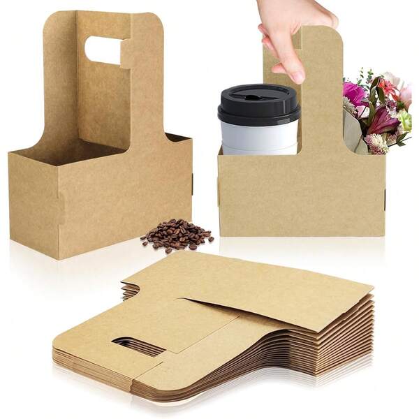 15pcs/Pack Thick Kraft Paper Disposable Cup Holders, Suitable For Flower, Coffee, Milk Tea Takeaway Packaging